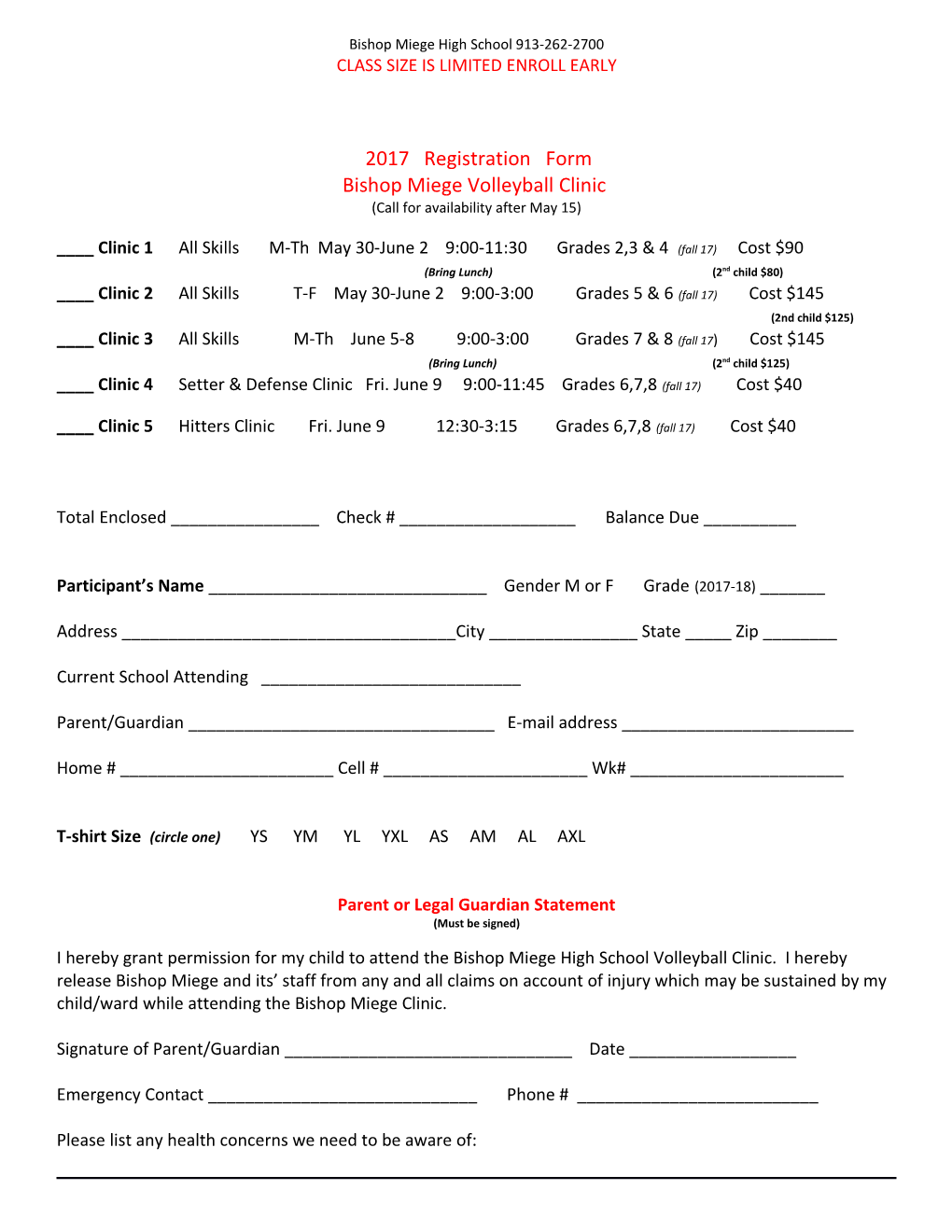 Bishop Miege Volleyball Clinics