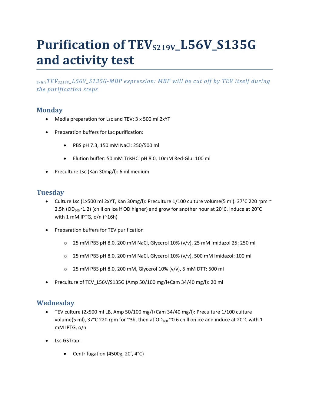 Purification of TEVS219V L56V S135G and Activity Test