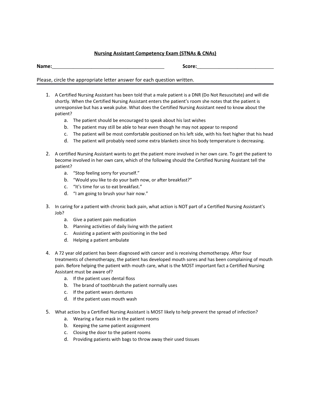 Nursing Assistant Competency Exam (Stnas & Cnas)