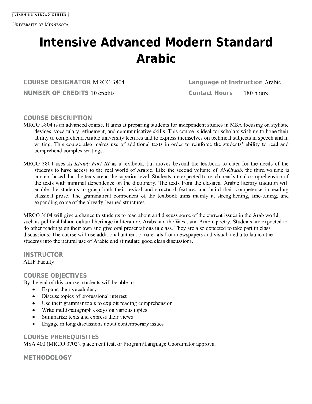 Intensive Advanced Modern Standard Arabic