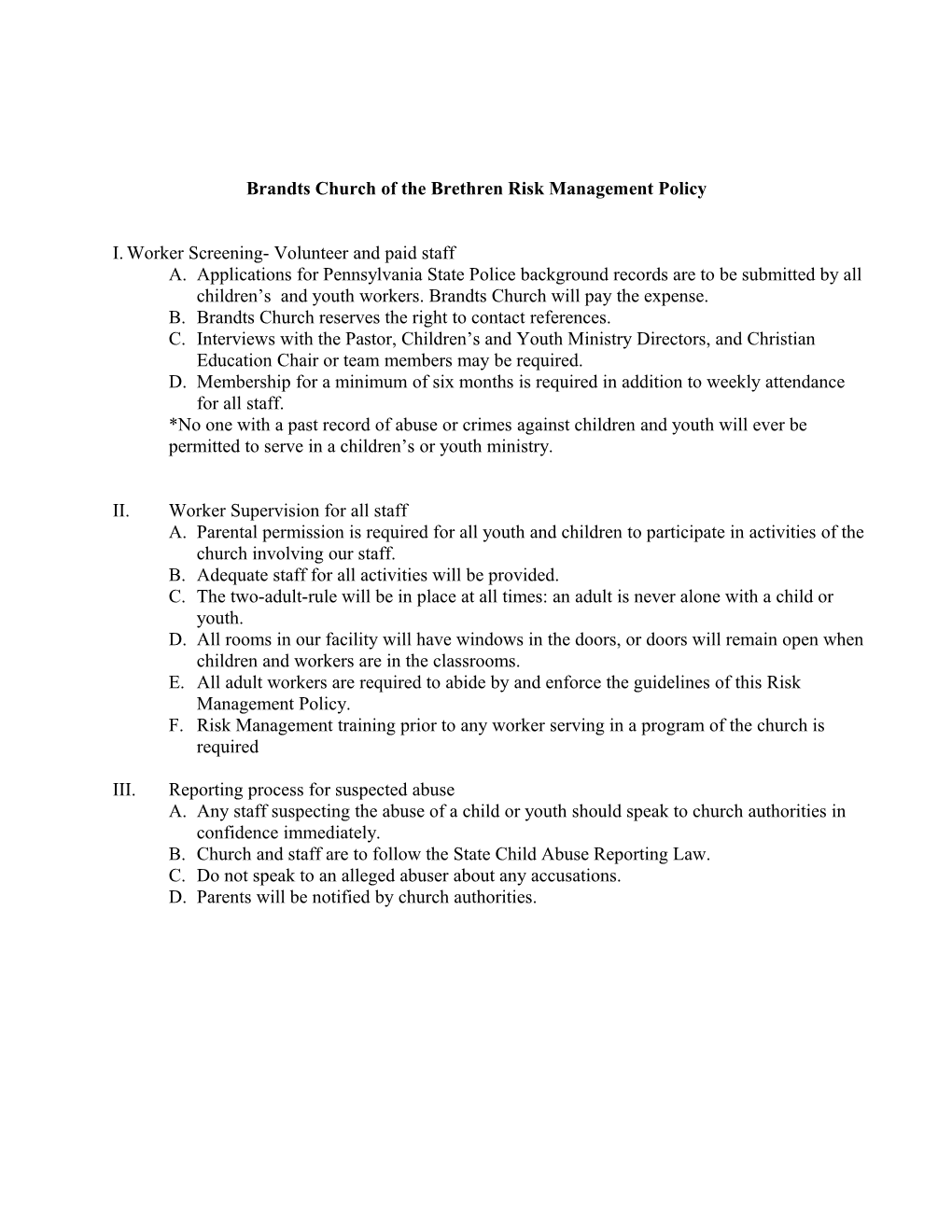 Brandts Church of the Brethren Risk Management Policy