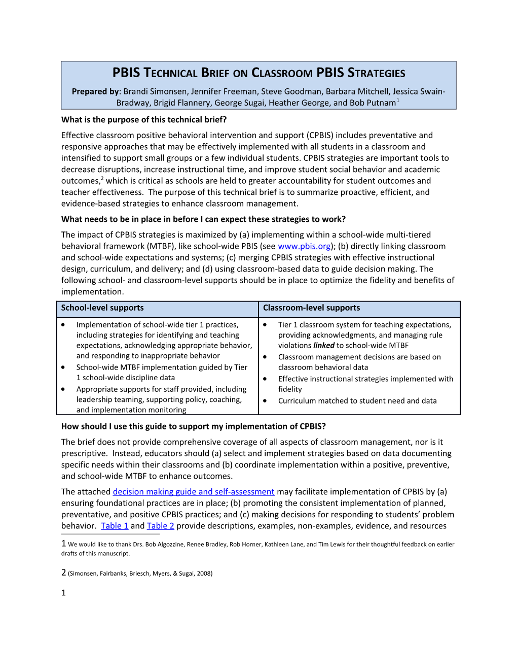 PBIS Technical Brief on Classroom PBIS Strategies