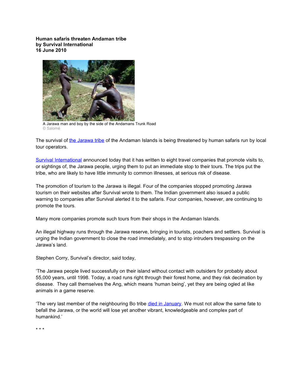 Human Safaris Threaten Andaman Tribe by Survival International 16 June 2010