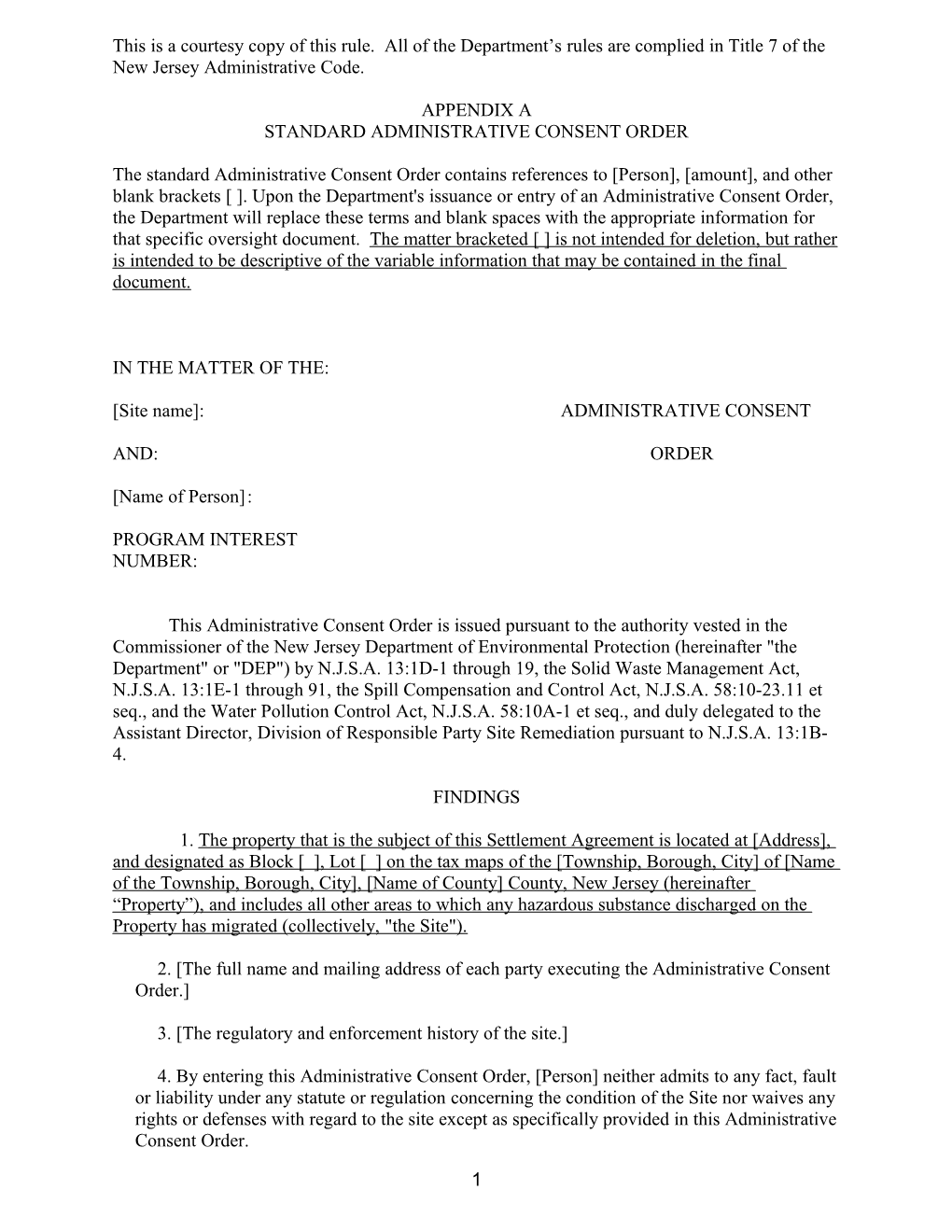 Appendix A: Standard Administrative Consent Order - N.J.A.C. 7:26C Department Oversight