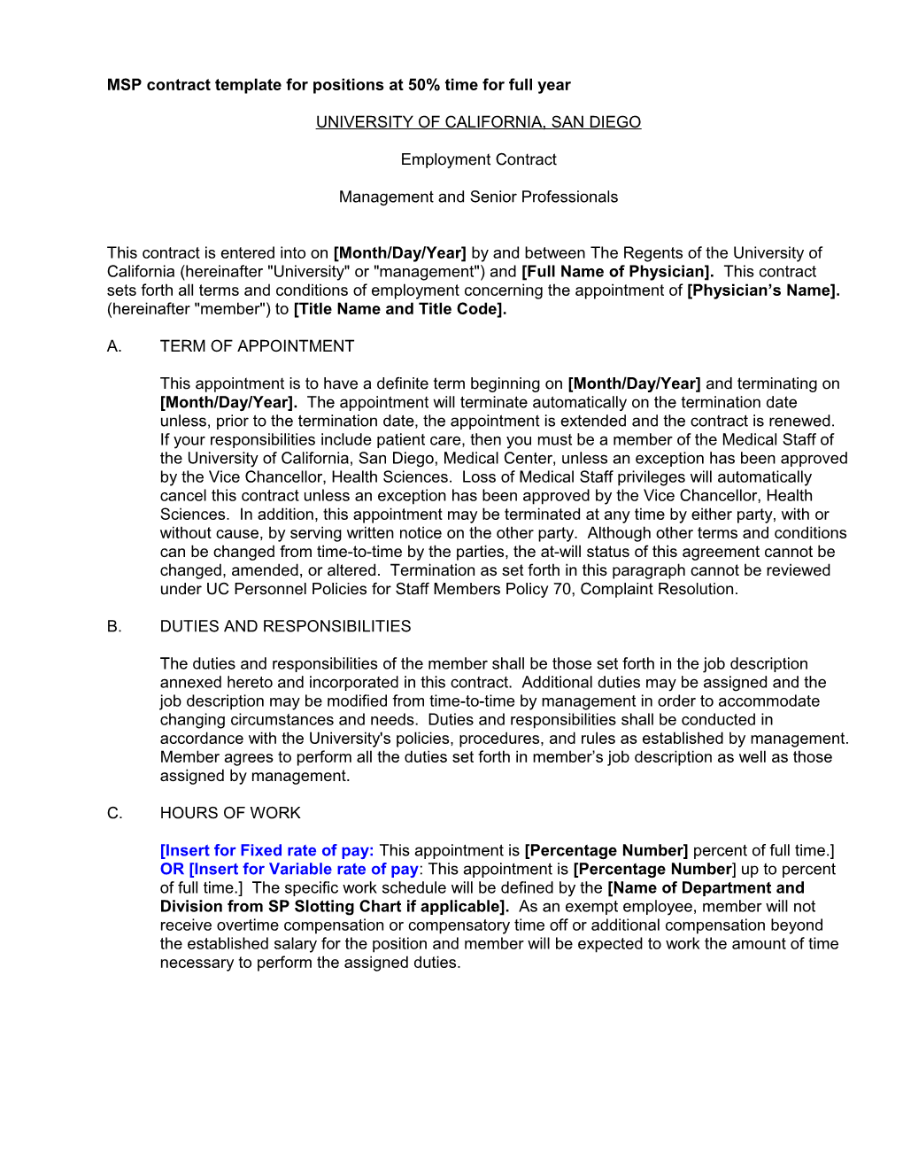 MSP Contract Template for Positions at 50% Time for Full Year