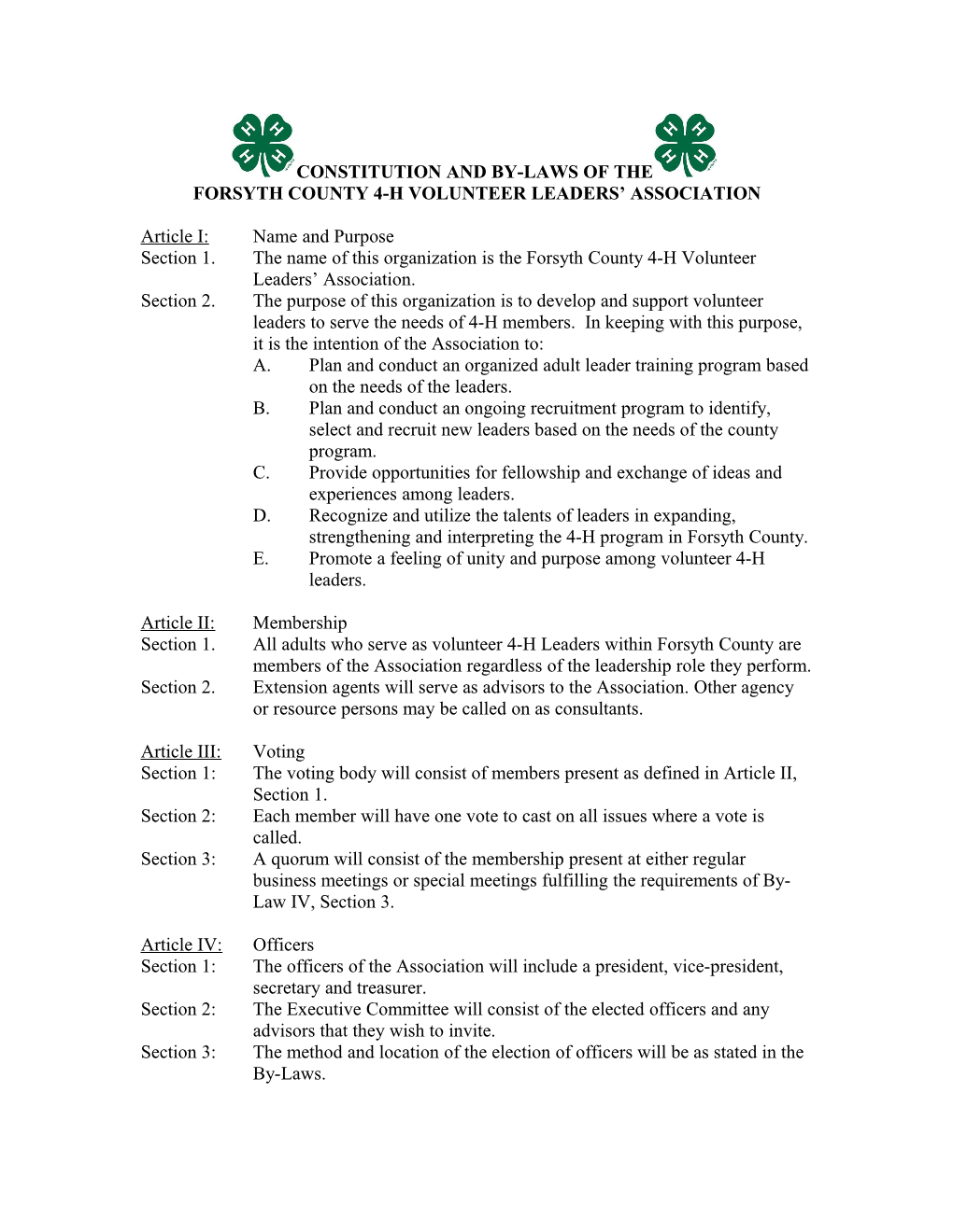 Constitutin and By-Laws of the Forsyth County 4-H Volunteer Leaders Association