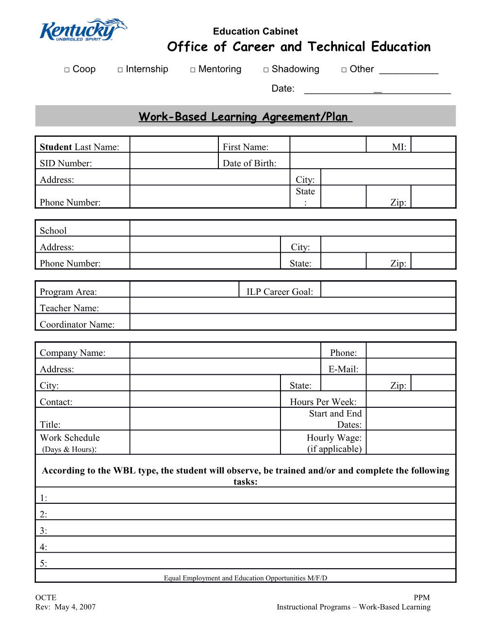 Work-Based Learning Agreement/Plan Page 2 of 2