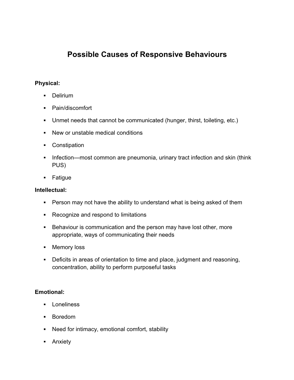 Possible Causes of Responsive Behaviours