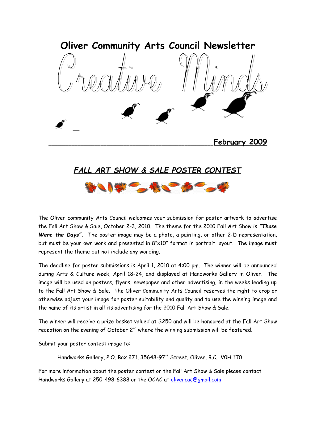 Oliver Community Arts Council Newsletter