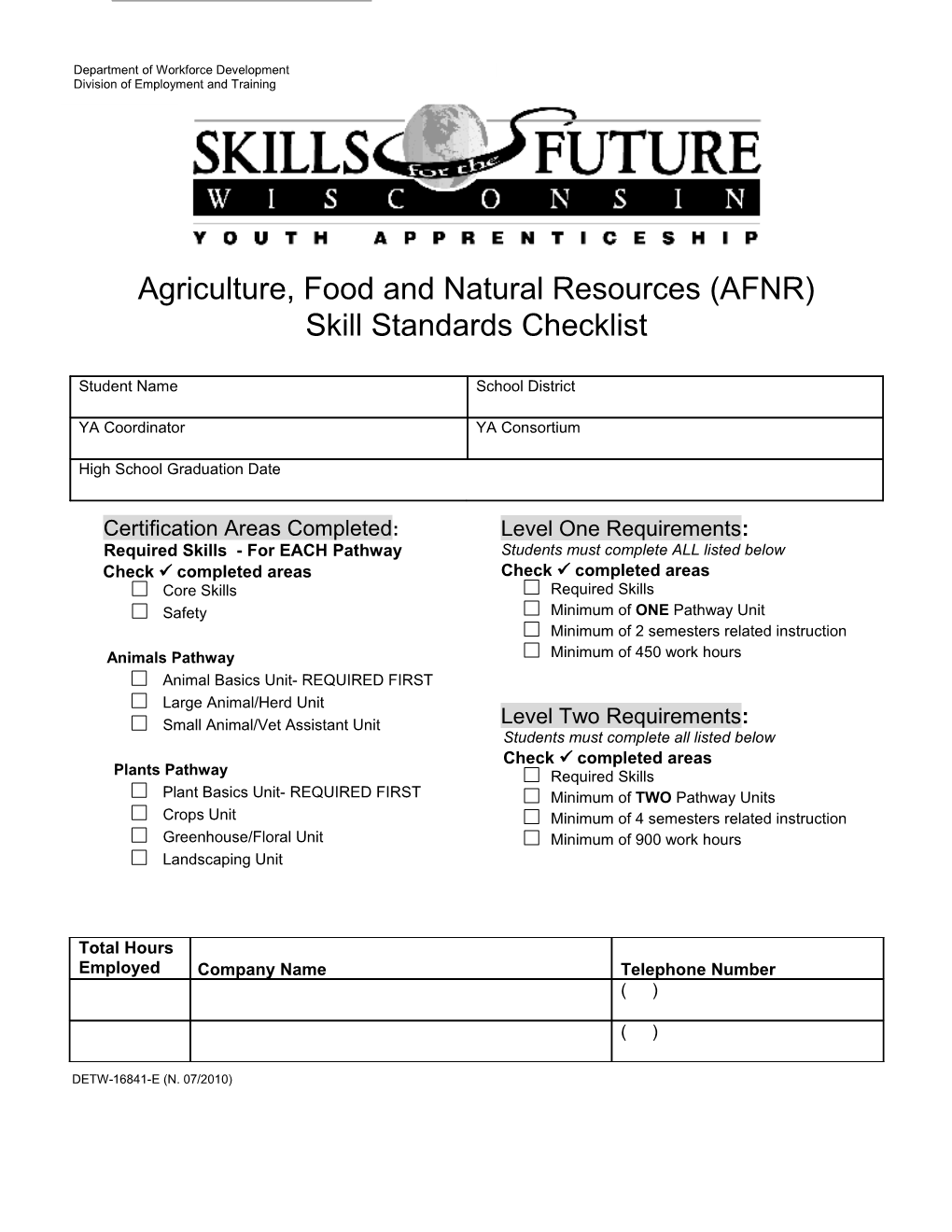 Agriculture, Food and Natural Resource Skill Standards Checklist