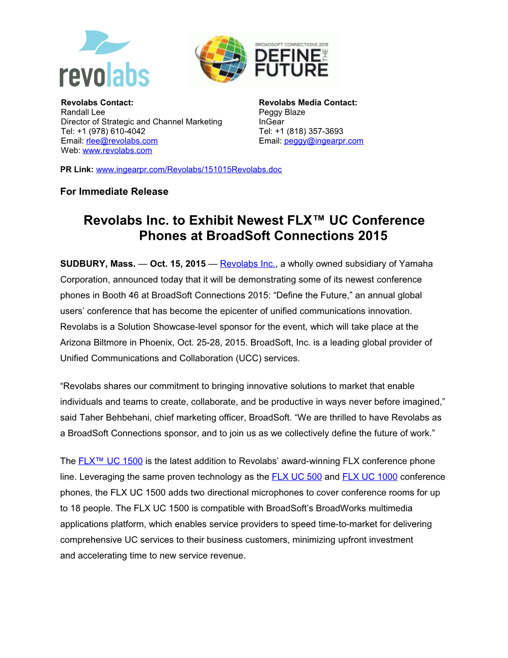 Revolabs Inc. to Exhibit Newest FLX UC Conference Phonesat Broadsoft Connections 2015