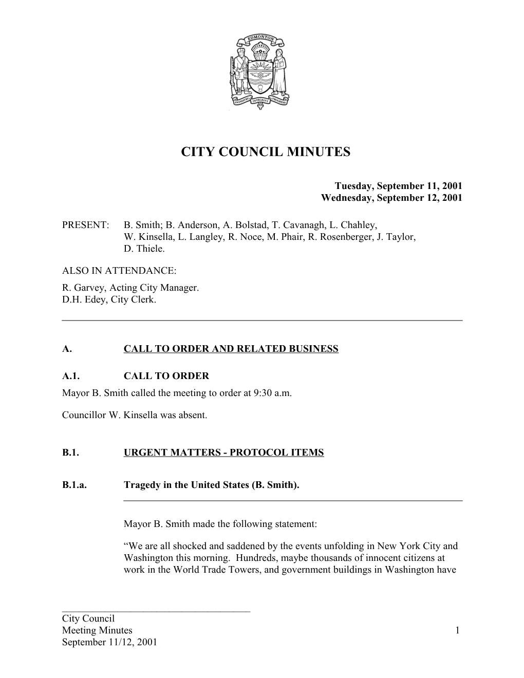 Minutes for City Council September 11, 2001 Meeting