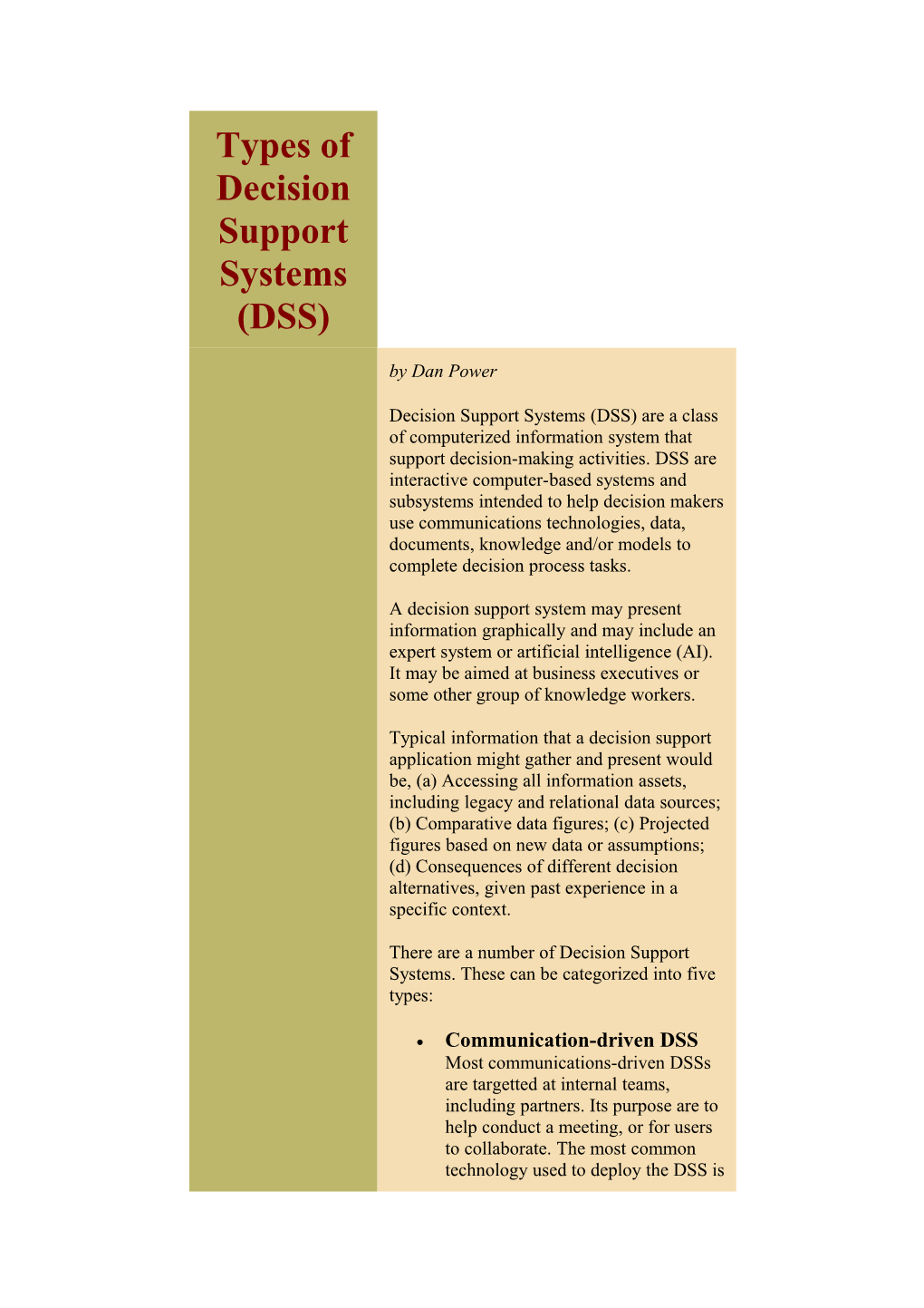 Types of Decision Support Systems (DSS)