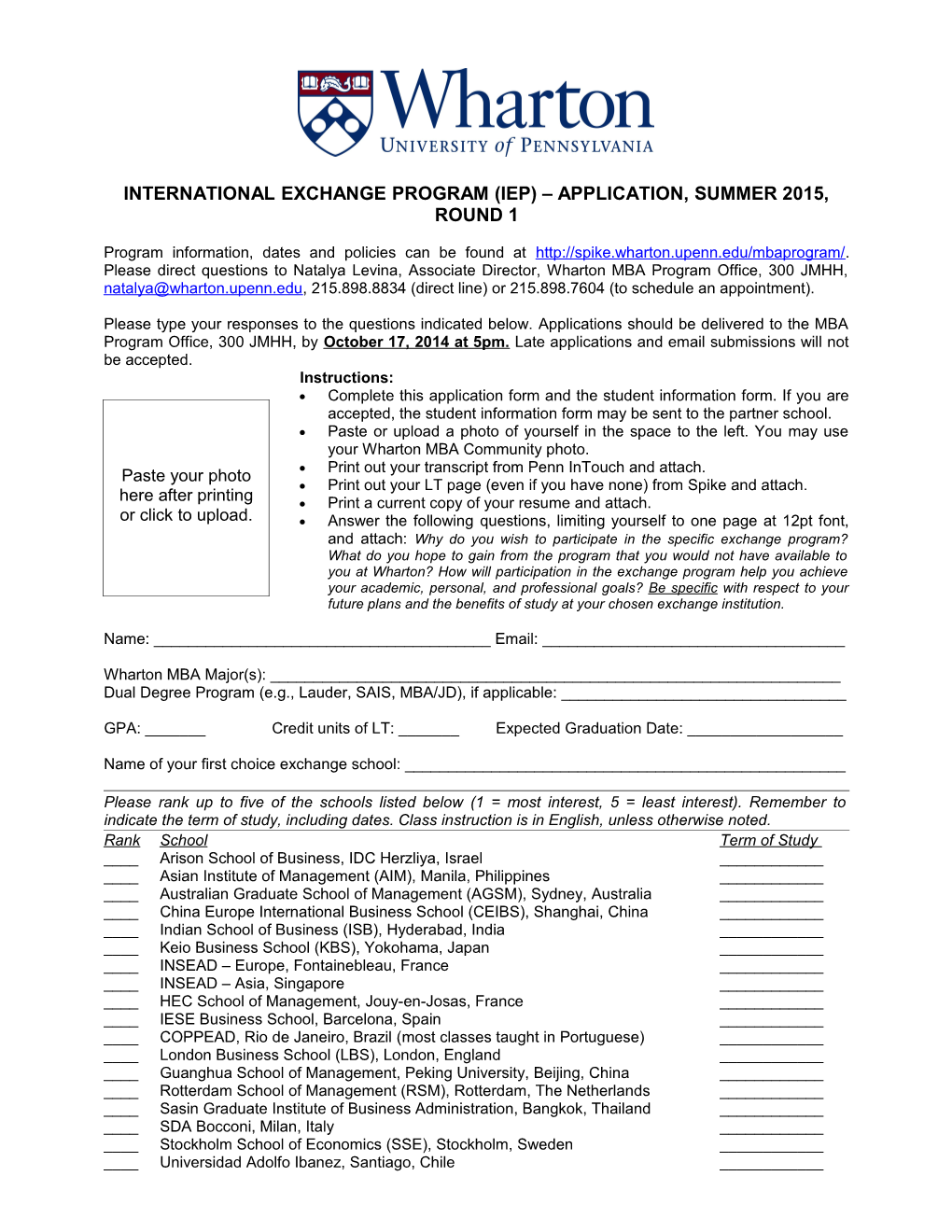 International Exchange Program (Iep) Application, Summer 2015, Round 1