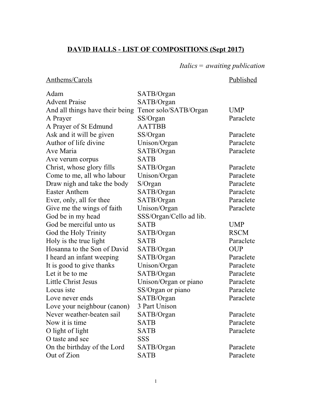 DAVID HALLS - LIST of COMPOSITIONS (May 2003)