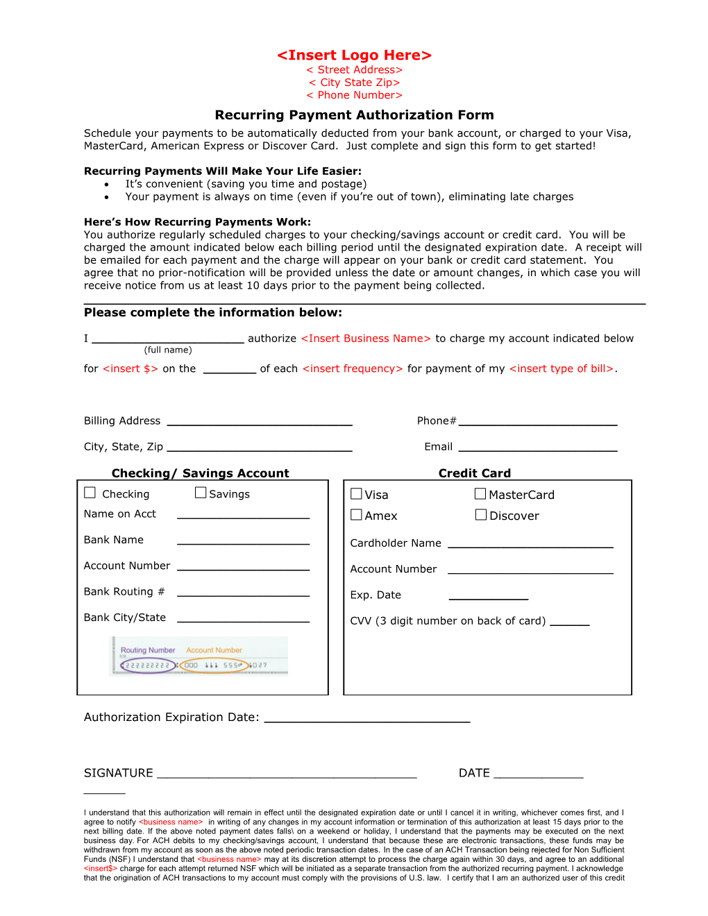 Recurring Payment Authorization Form Specified End Date ACH Or CC Payment