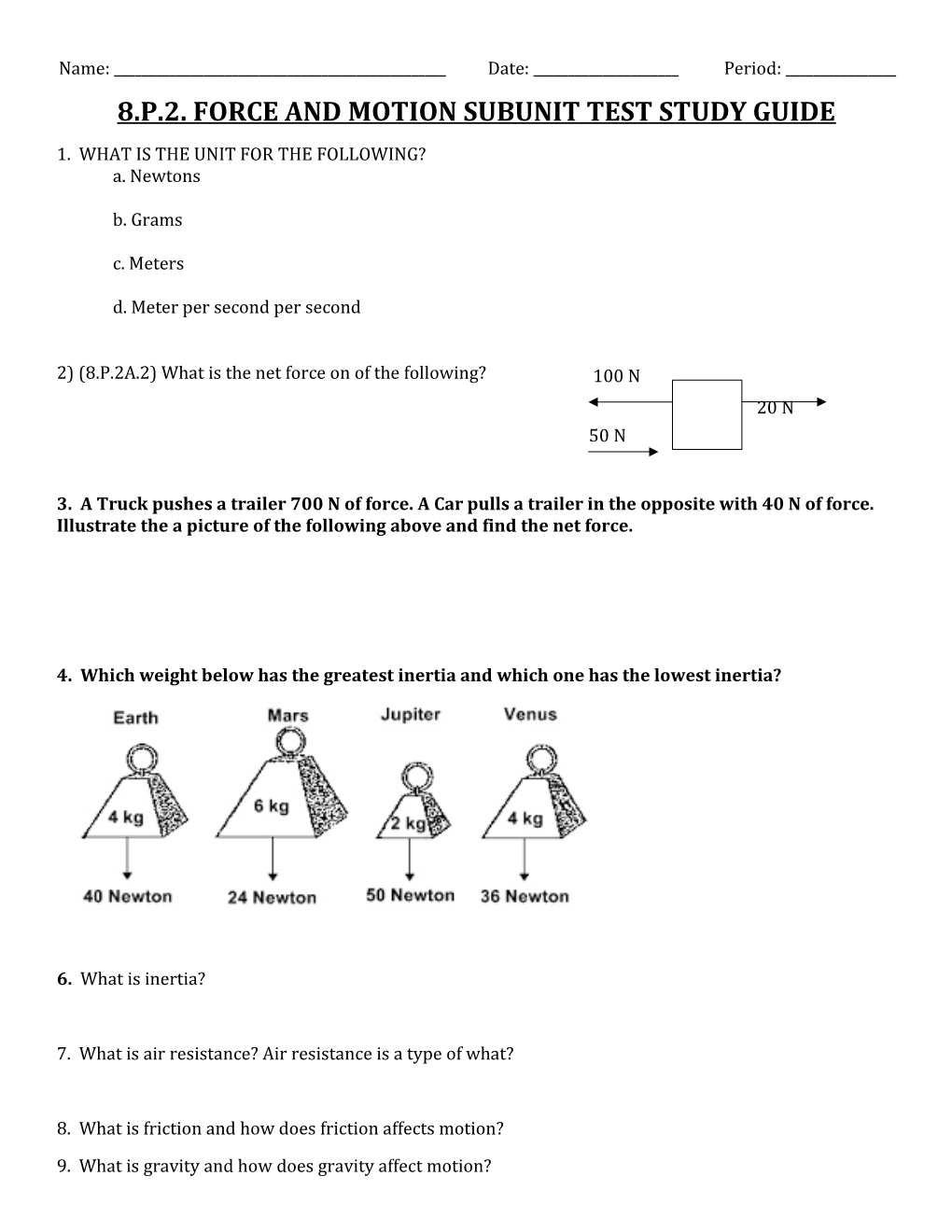 8.P.2. Force and Motion Subunit Test Study Guide