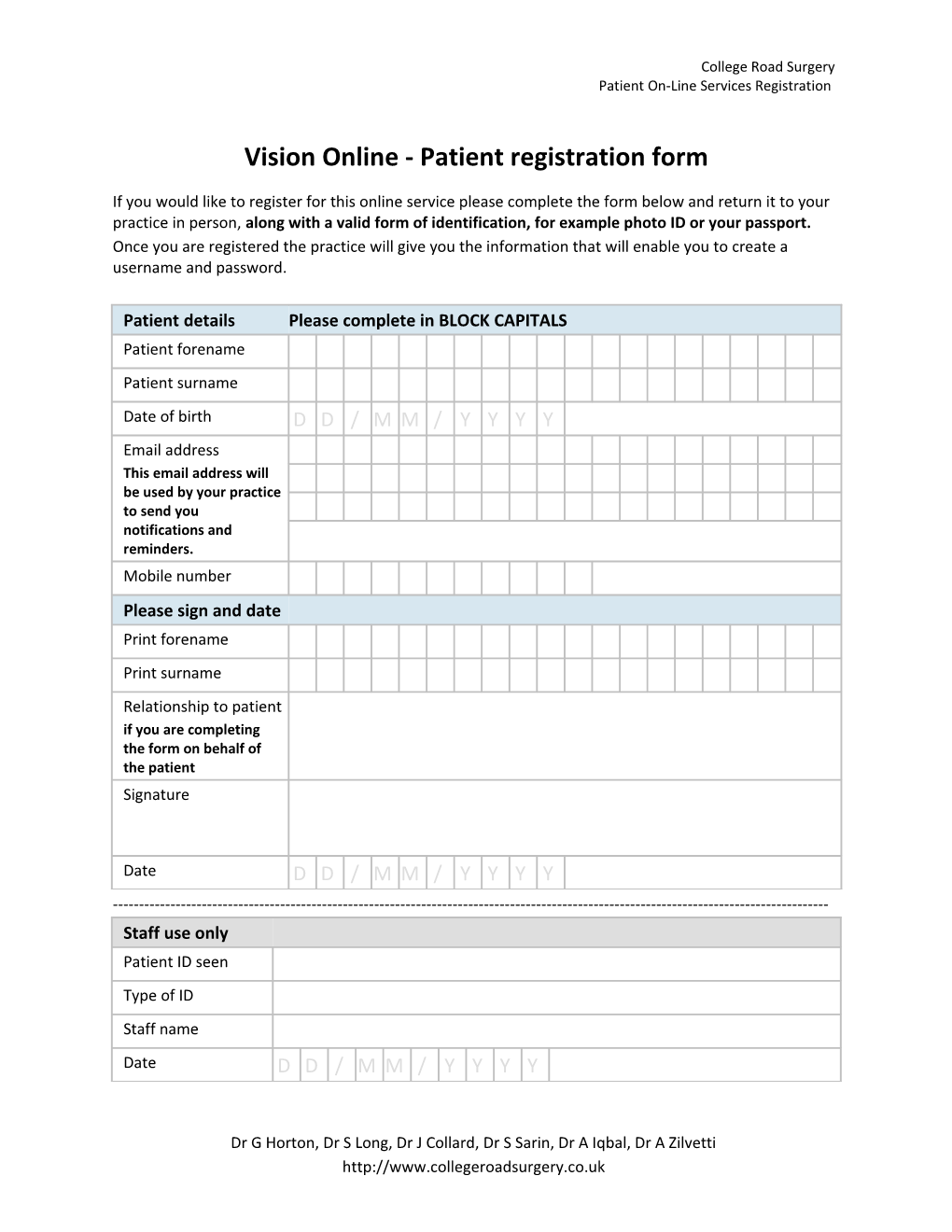 Vision Online - Patient Registration Form