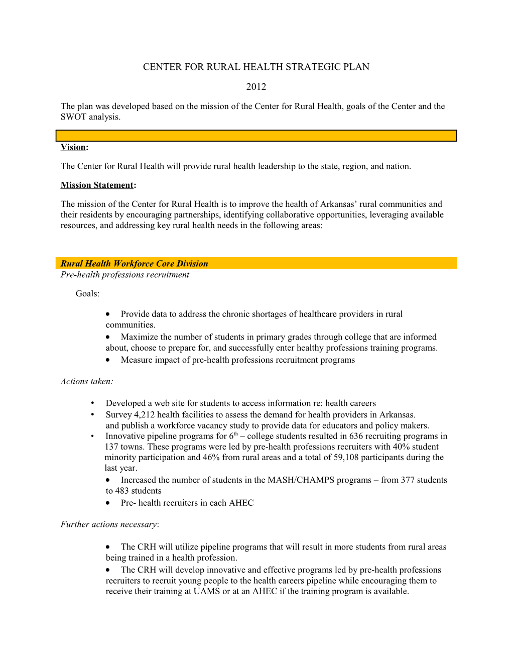 Center for Rural Health Strategic Plan