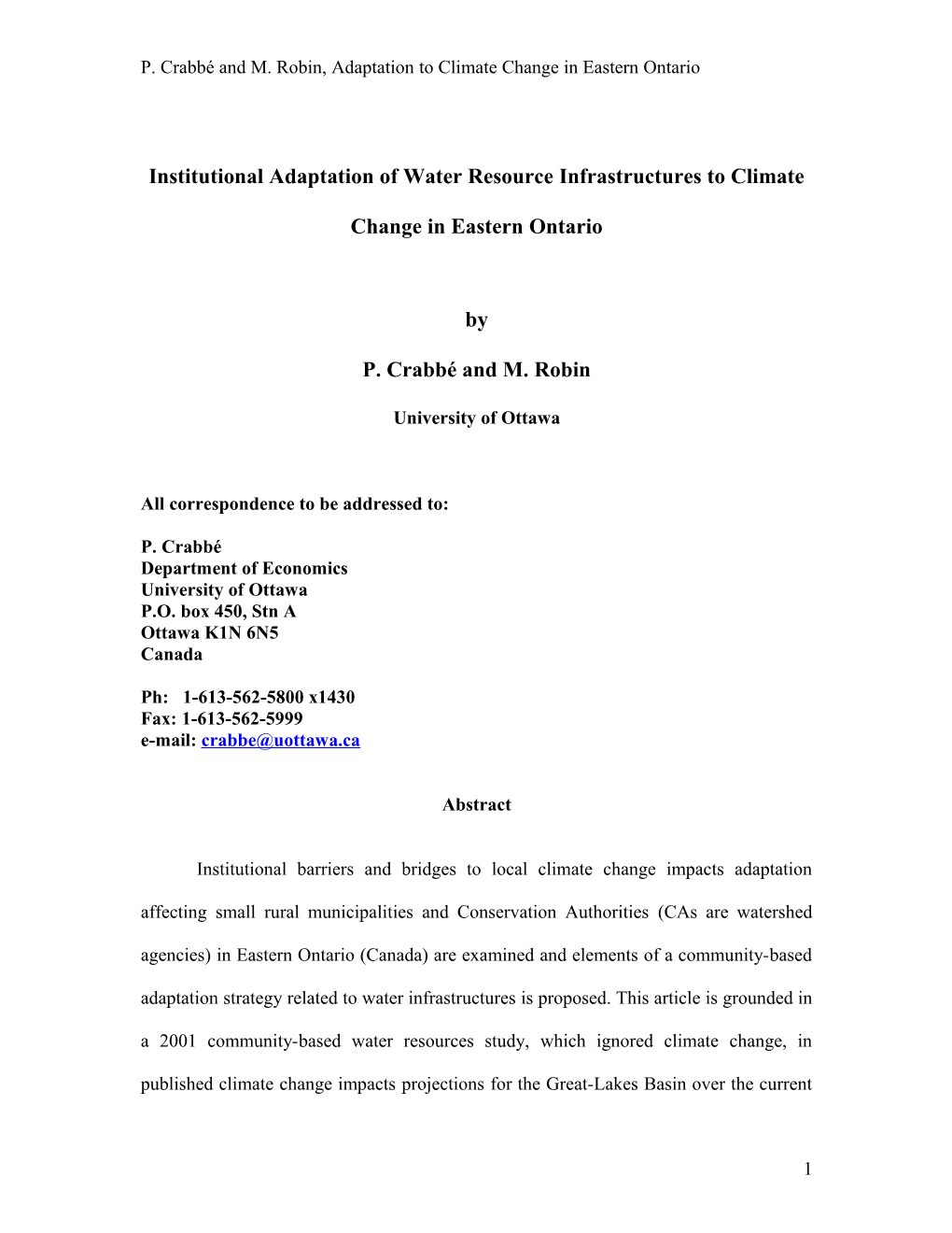 Adaptation of Water Resource Infrastructure Related Institutions to Climate Change in Eastern