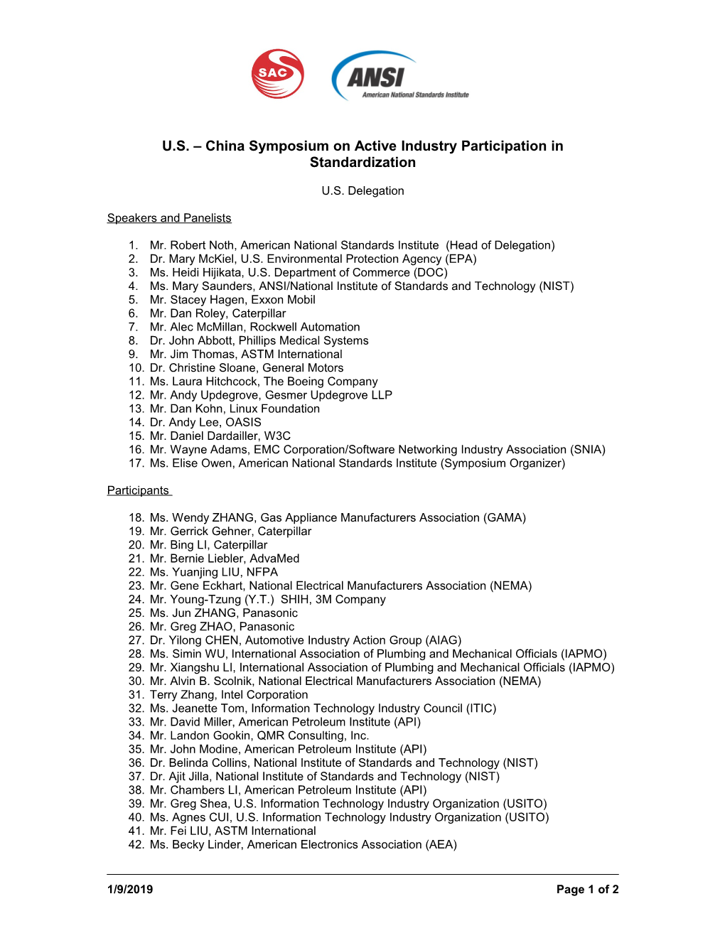 U.S. China Symposium on Active Industry Participation in Standardization