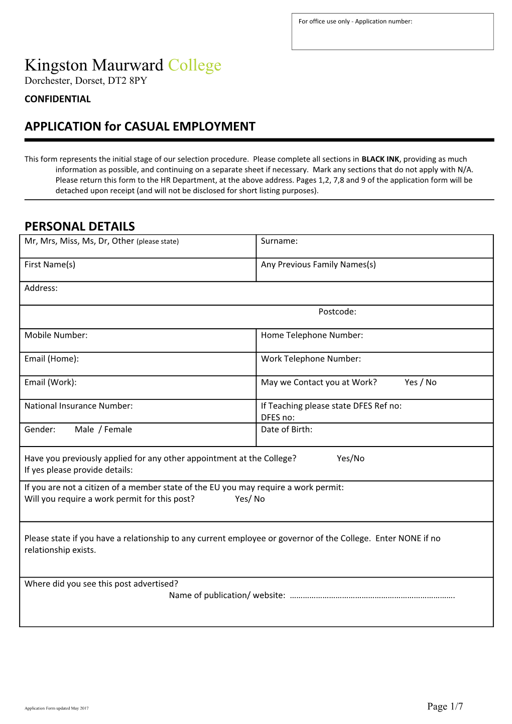 APPLICATION for CASUAL EMPLOYMENT