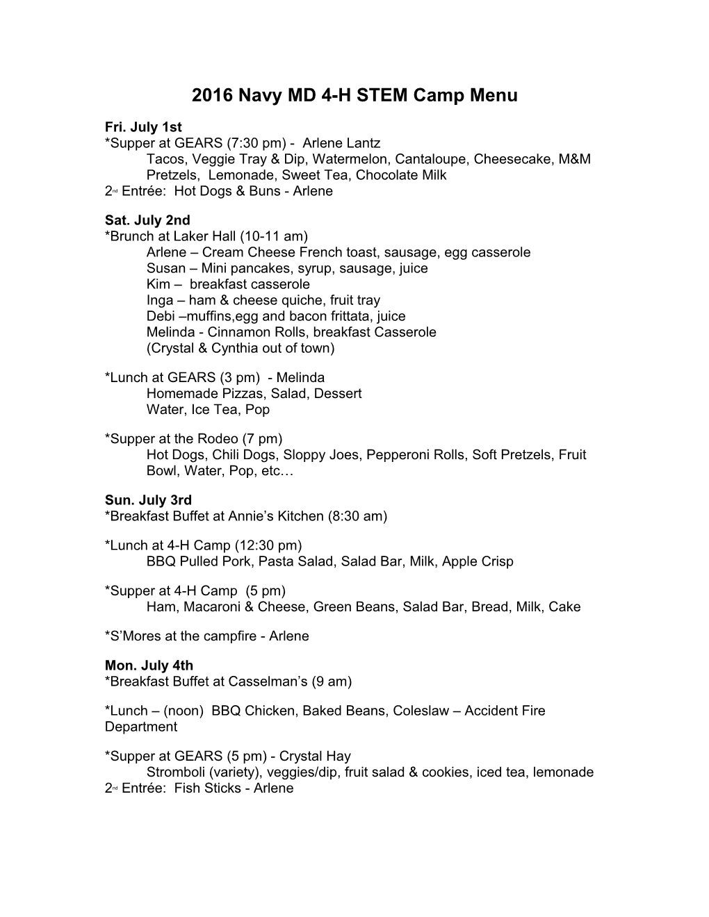 2016 Navy MD 4-H STEM Camp Menu