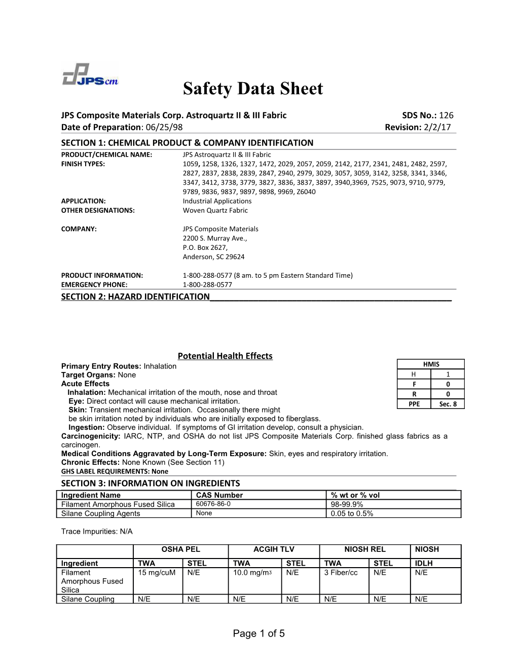 JPS Composite Materials Corp. Astroquartz II & III Fabric SDS No.: 126