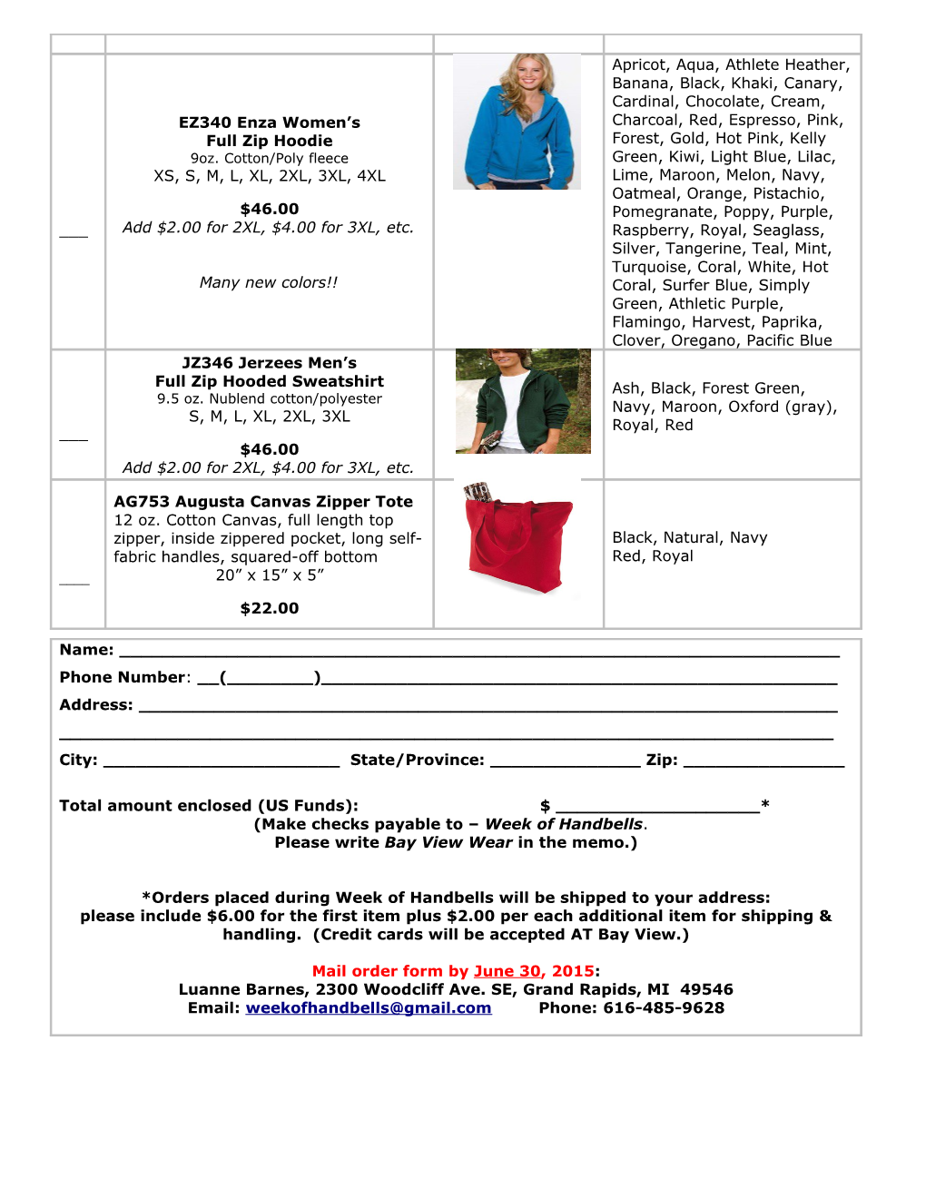 Bay View 2015Wear Order Form