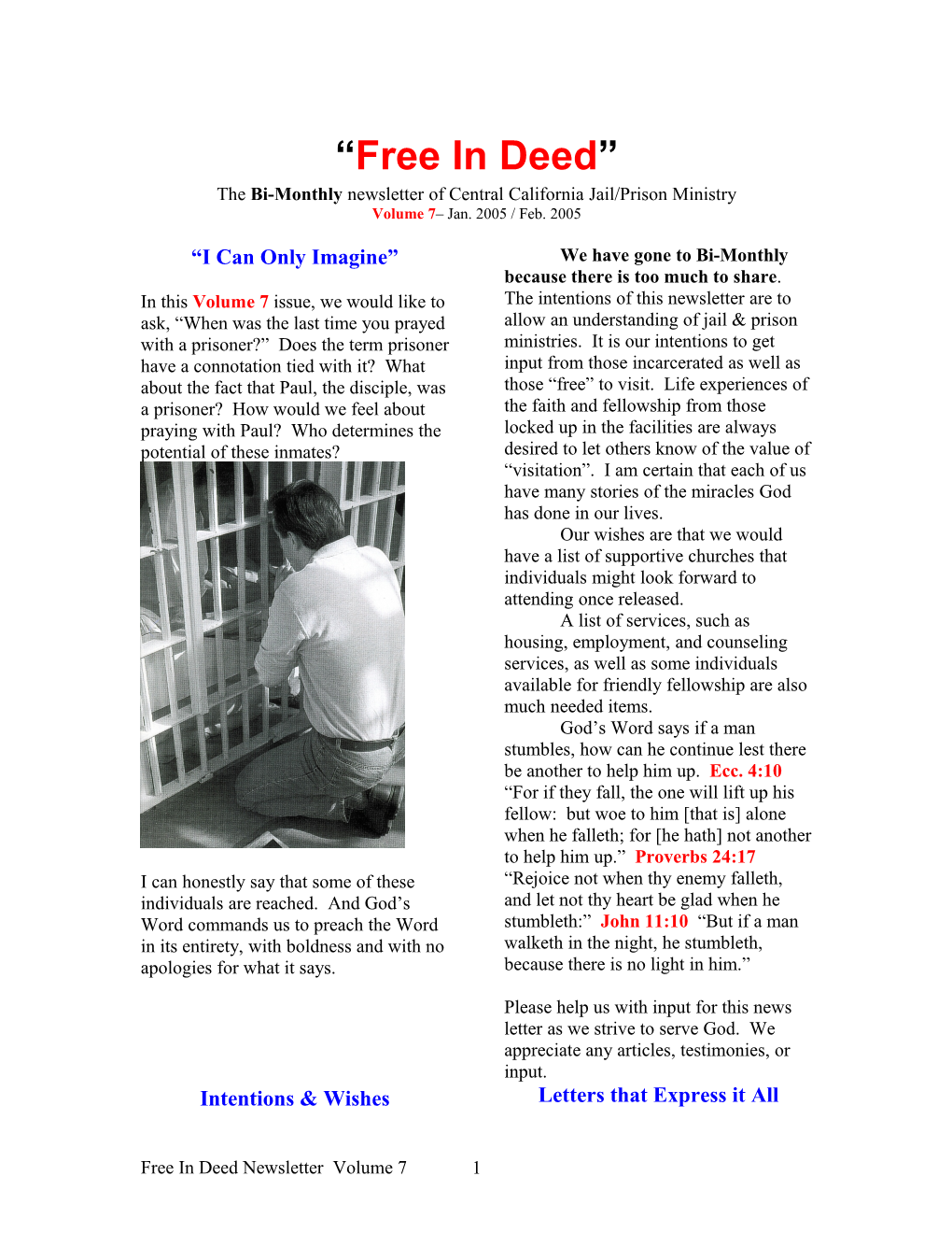 The Bi-Monthly Newsletter of Central California Jail/Prison Ministry