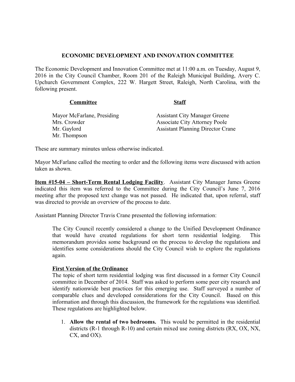 City of Raleigh Economic Development & Innovation Committee Minutes - 08/09/2016