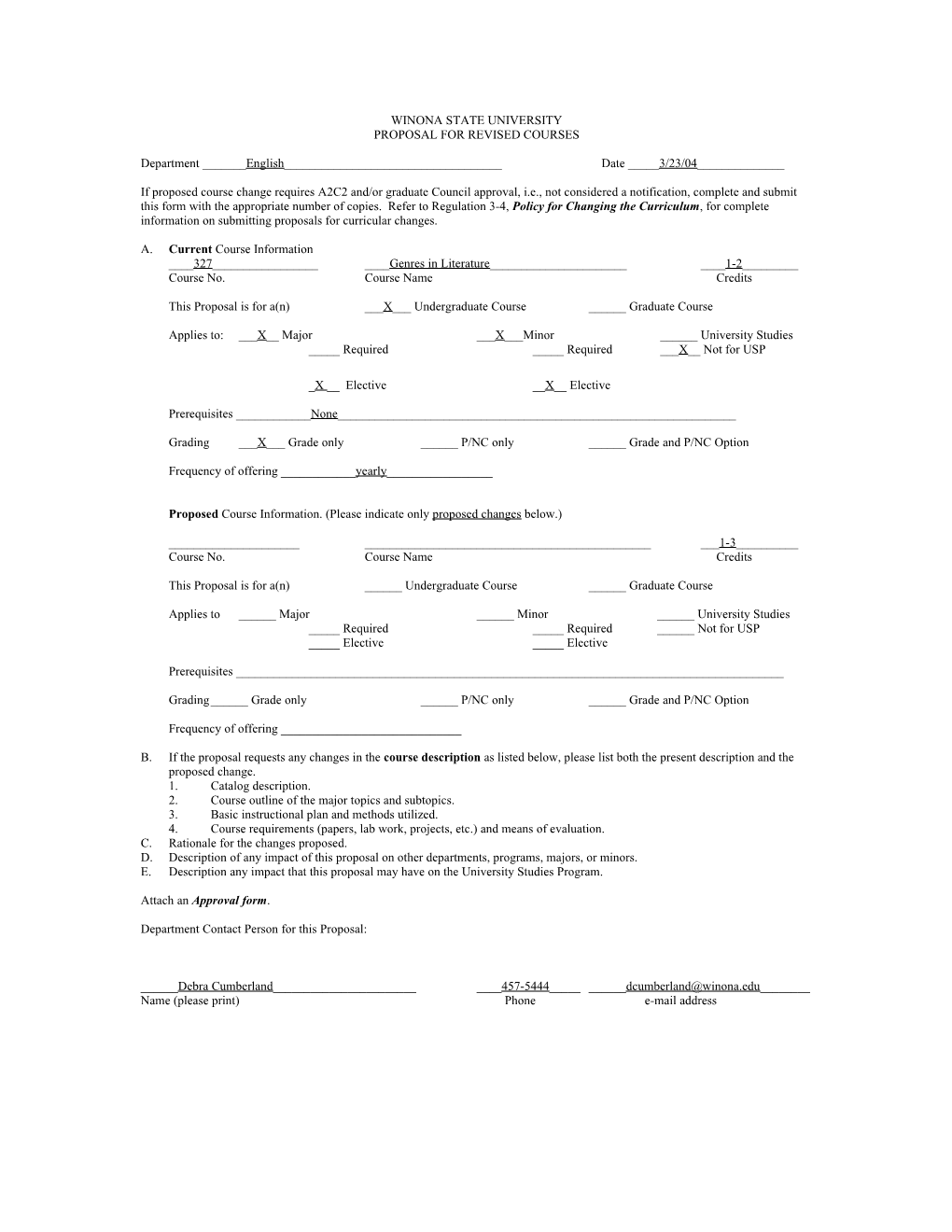 Revised Course Proposal: English 327, Genres in Literature