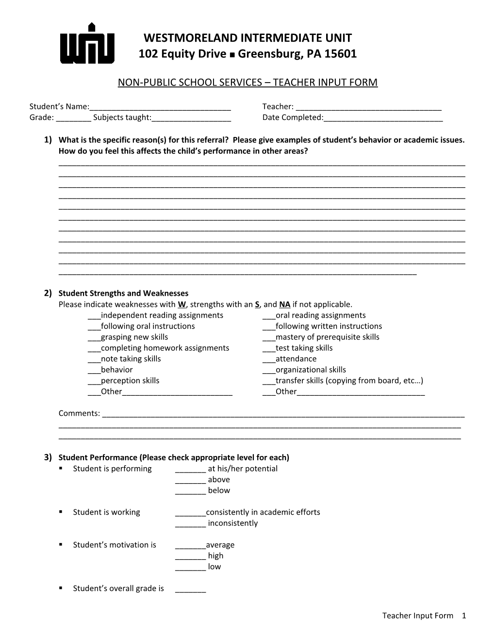 Non-Public School Services Teacher Input Form