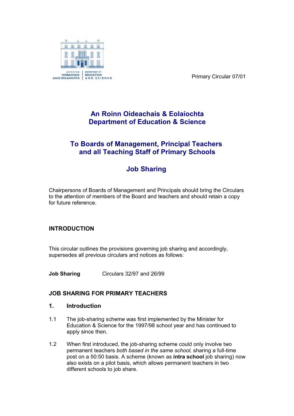 Primary Circular 07/01 Job Sharing (Word Format 59KB)