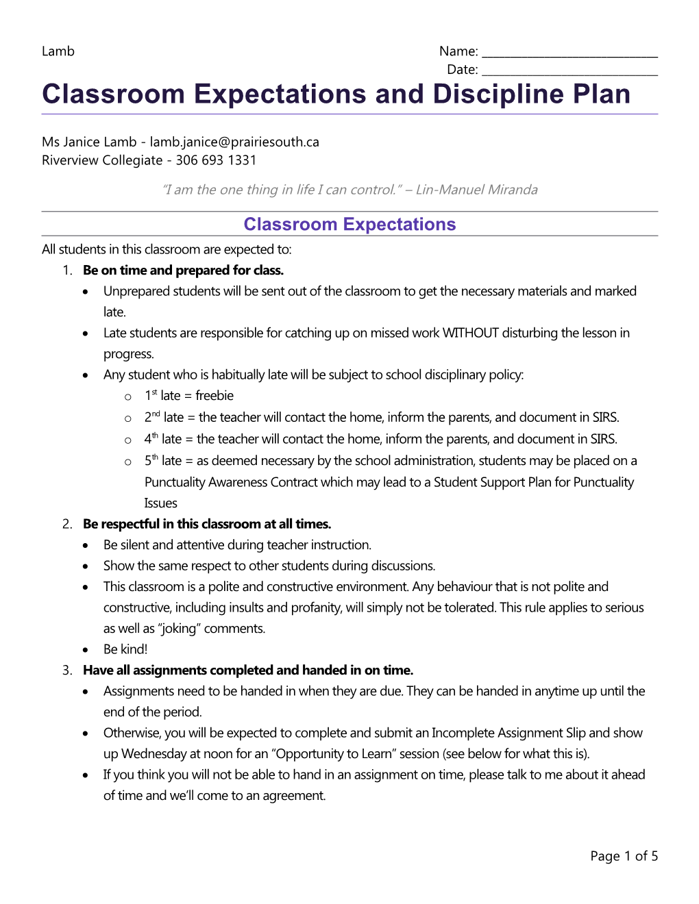 Classroom Expectations and Discipline Plan