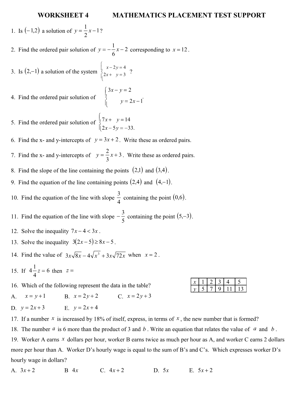 Worksheet 4 Mathematics Placement Test Support