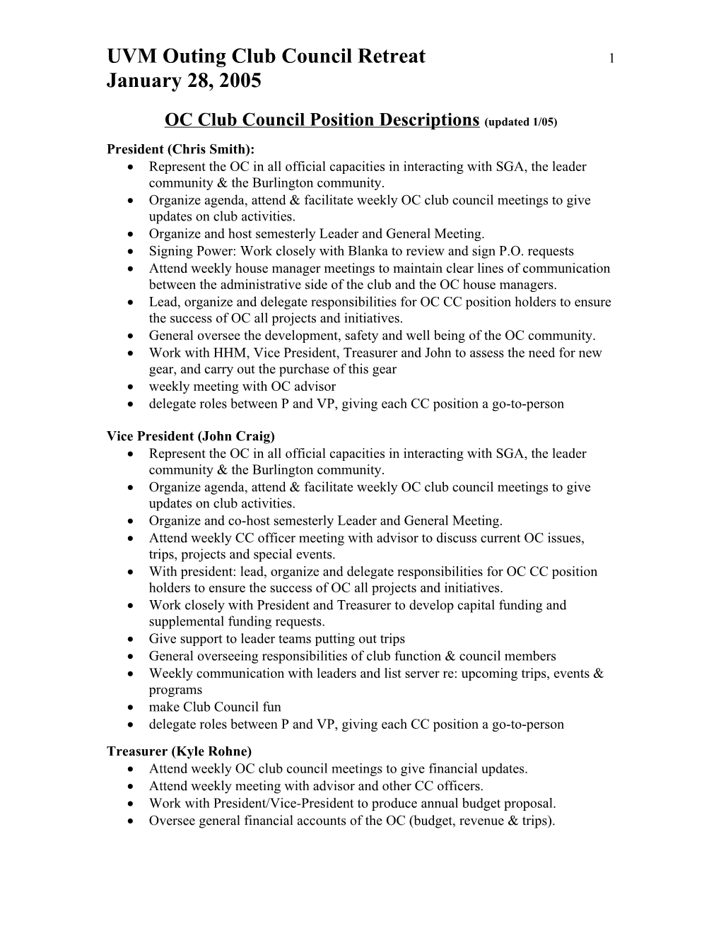 OC Club Council Position Descriptions (Updated 1/05)
