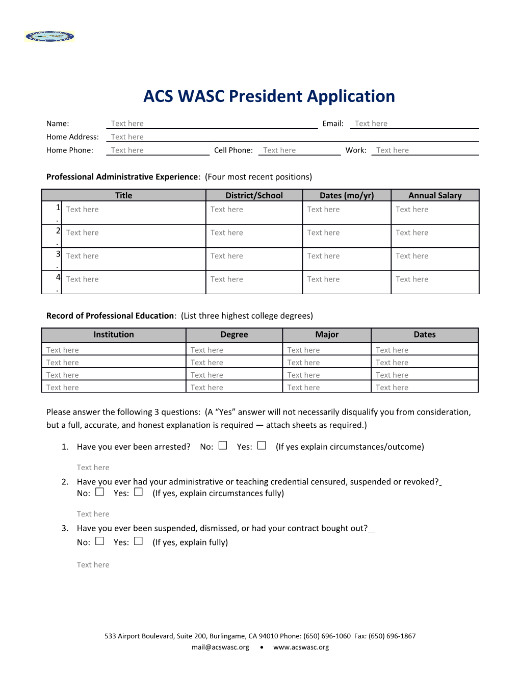 ACS WASC President Application