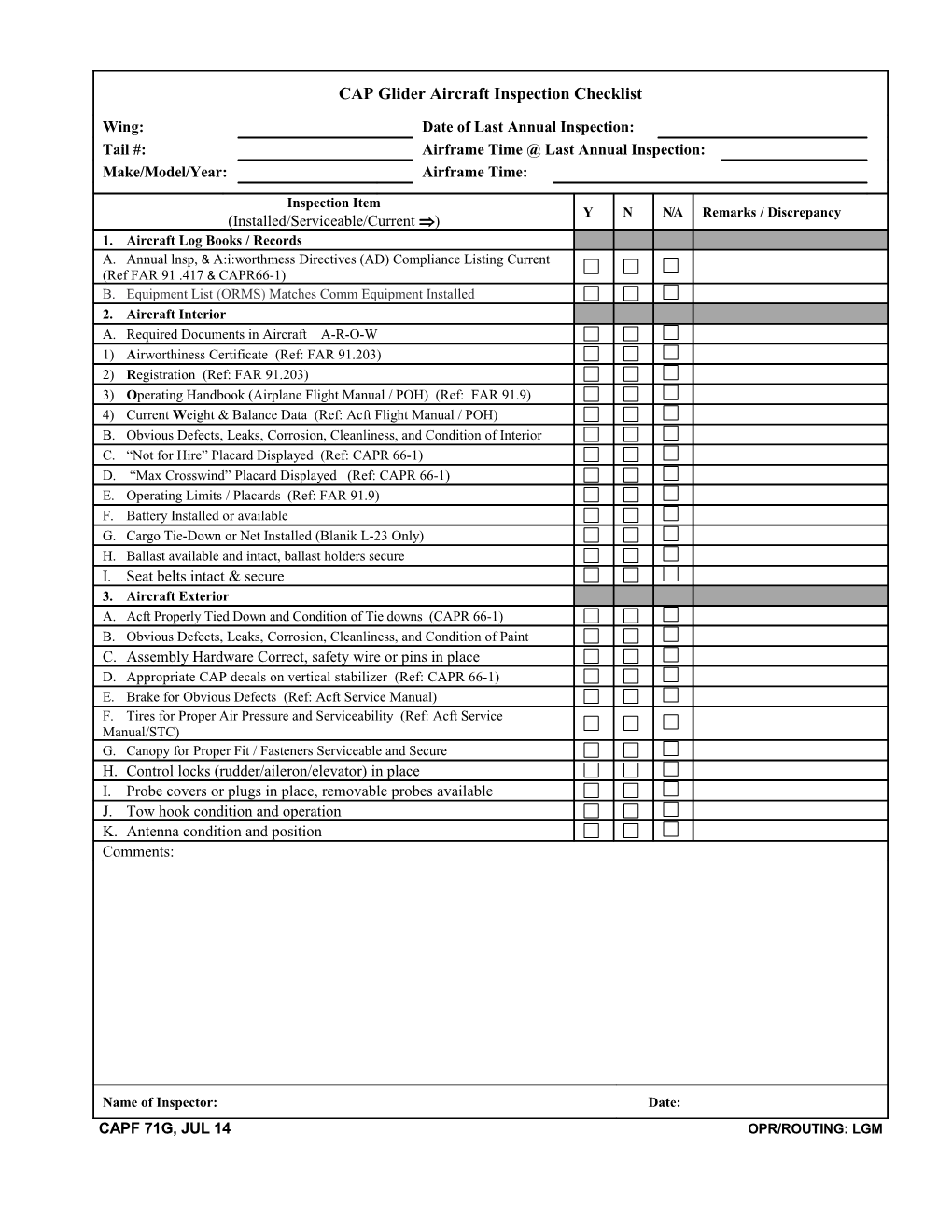 CAP AIRCRAFT INSPECTION CHECKLIST Current As of 14 Apr 98