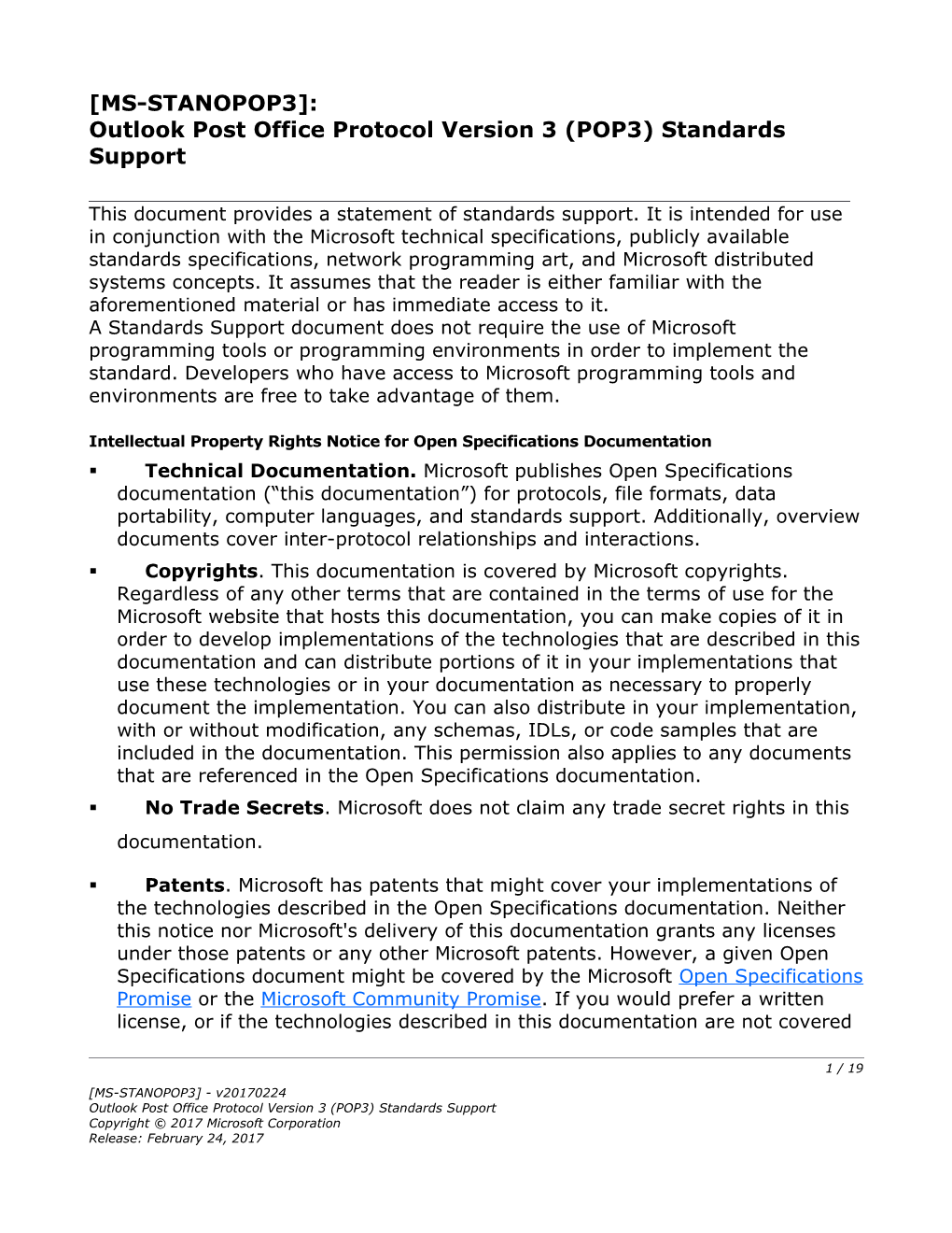 Outlook Post Office Protocol Version 3 (POP3) Standards Support