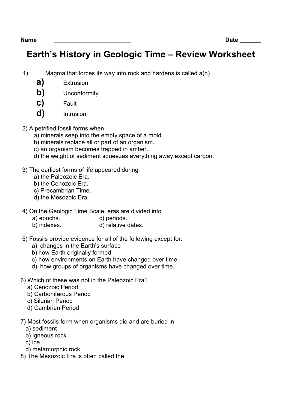 Earth S History in Geologic Time Review Worksheet