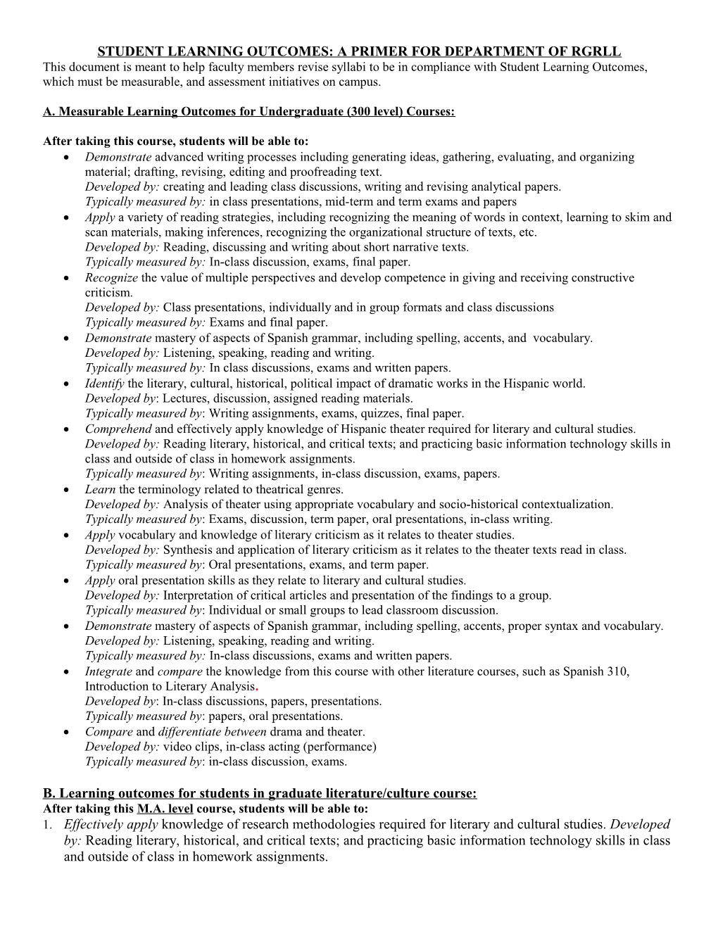 Undergraduate (300 Level) Literature Course Objectives and Measurable Outcomes