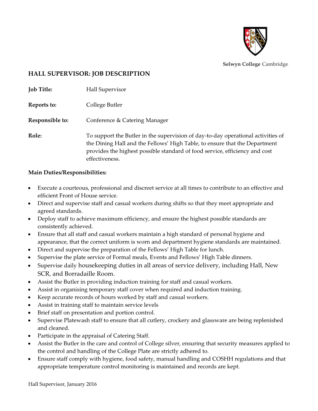 HALL Supervisor: Job Description