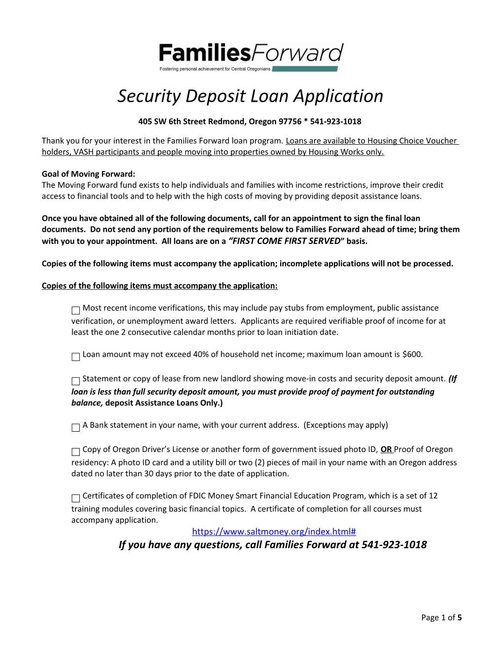 Security Deposit Loan Application