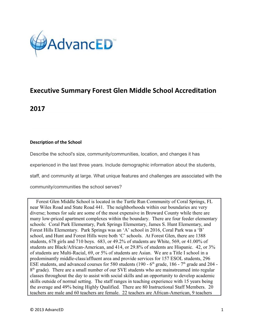 Executive Summary Forest Glen Middle School Accreditation 2017