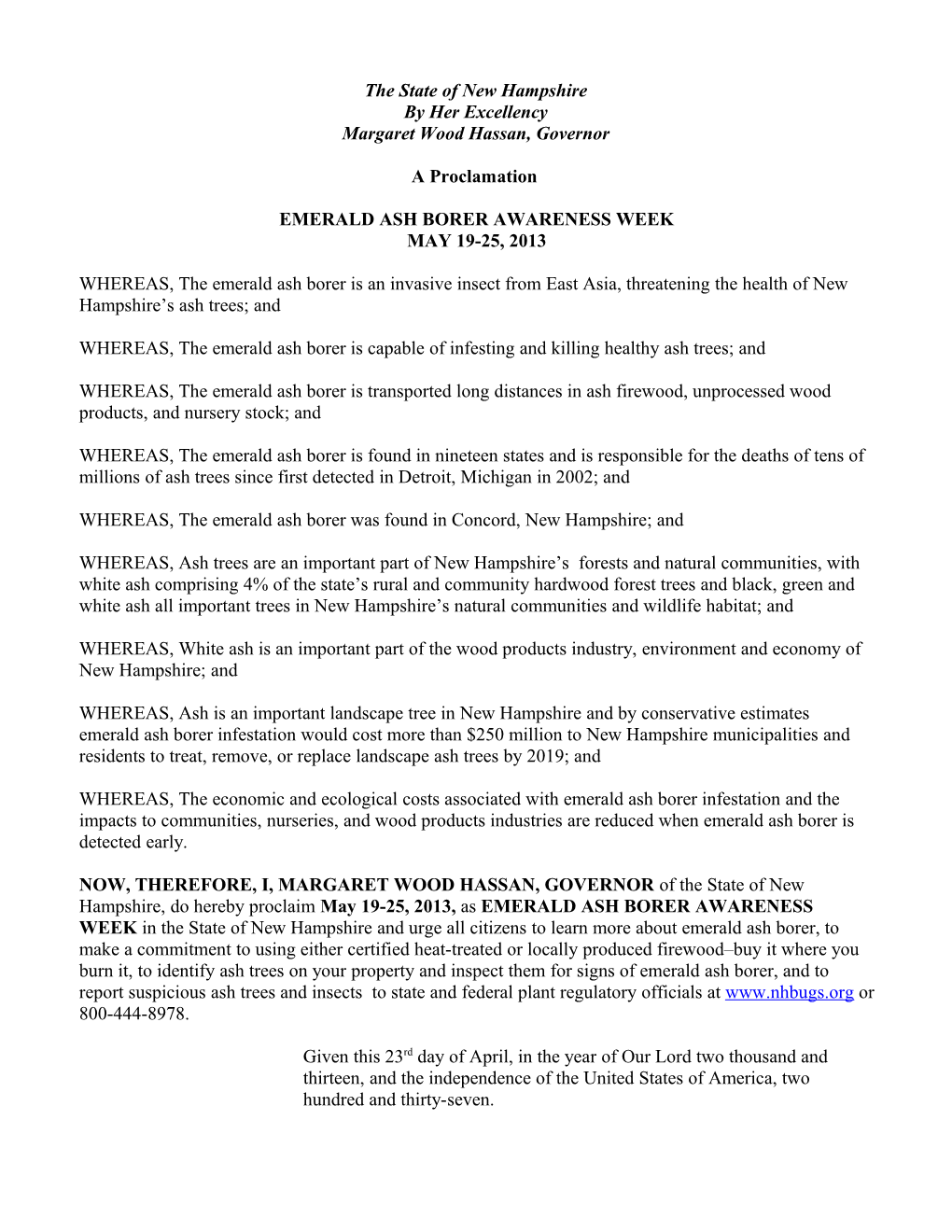 Governor S Proclamation Regarding EAB Awareness Week