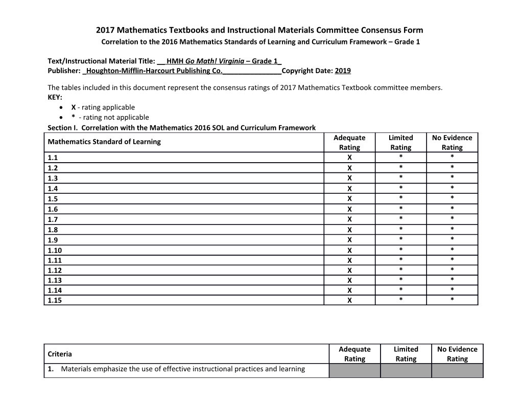 Hmh Grade 1 Sol Correlation