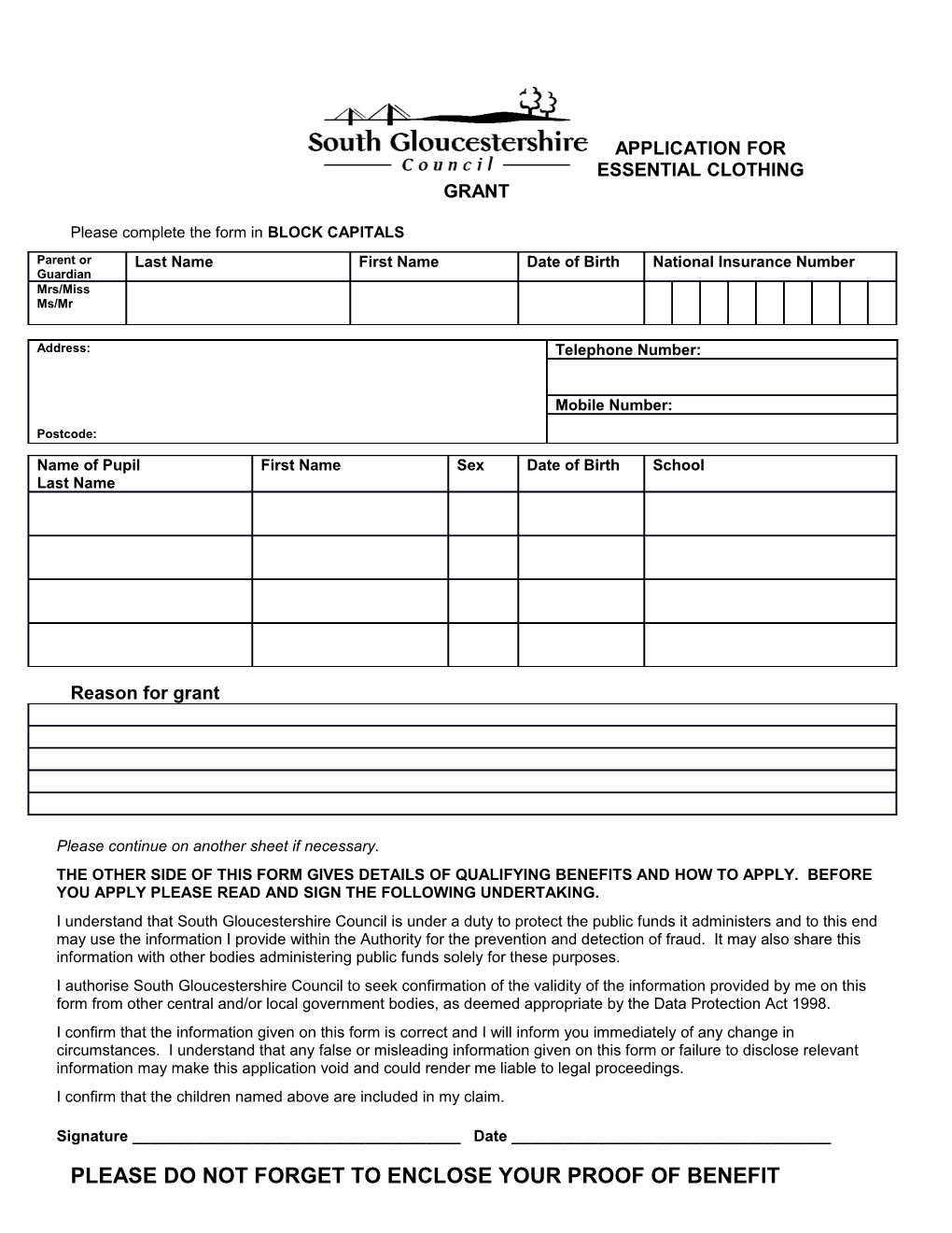 Application for Essential Clothing Grant