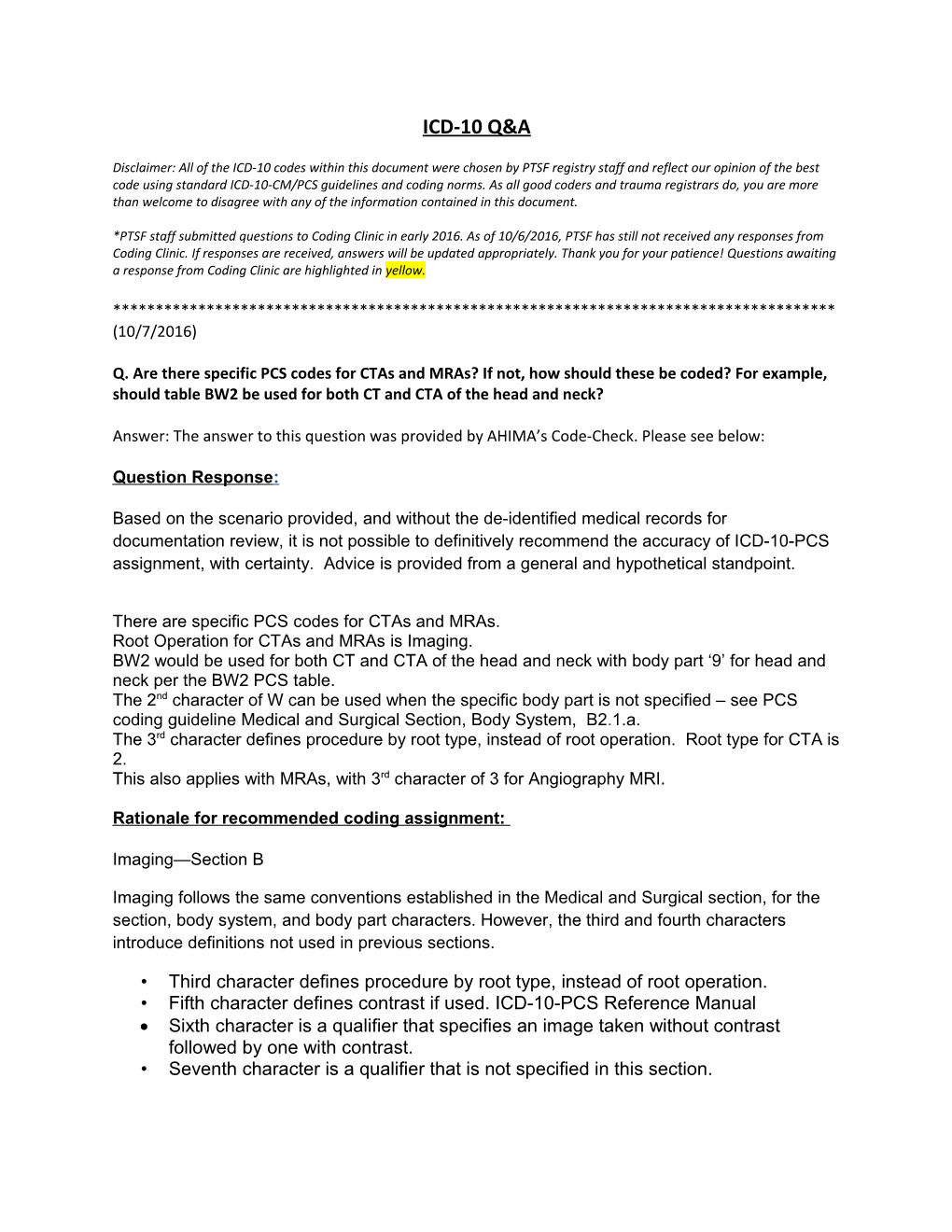 Disclaimer: All of the ICD-10 Codes Within This Document Were Chosen by PTSF Registry