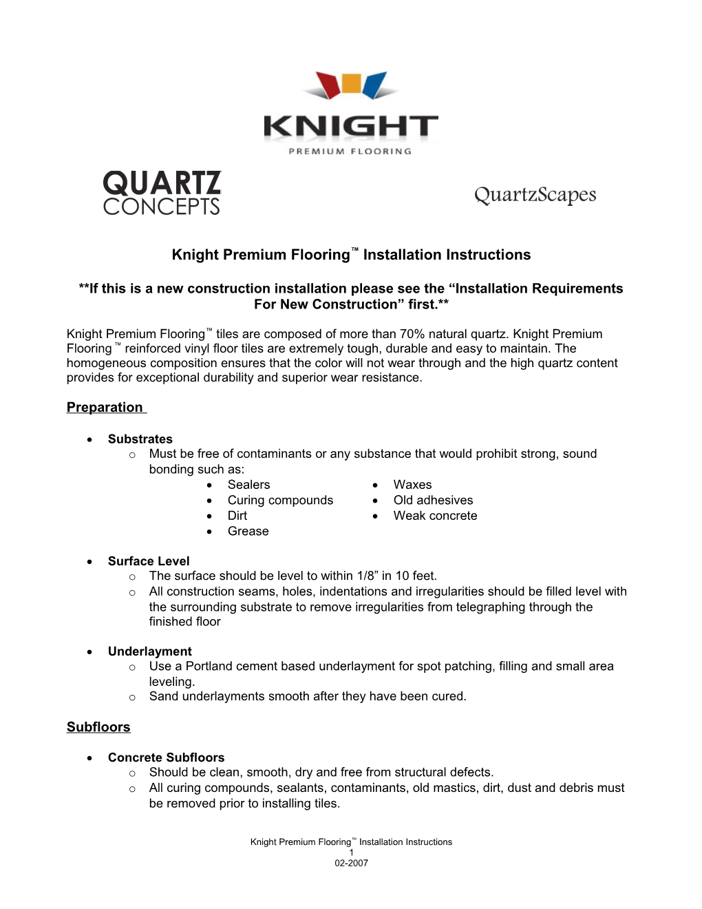 Knight Premium Flooring Installation Instructions